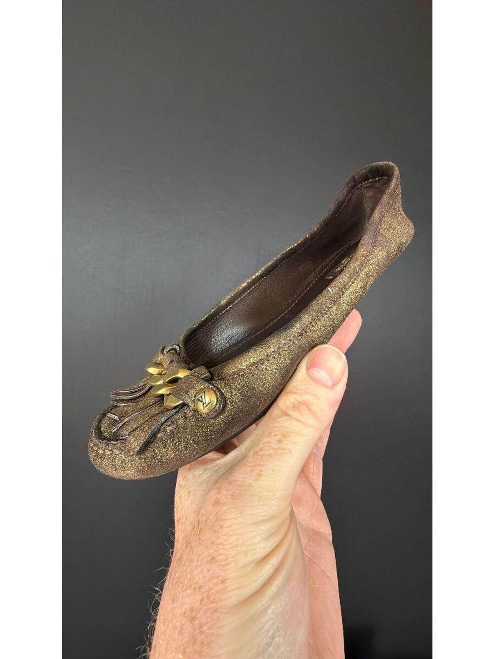 Louis Vuitton Metallic Leather Flats Chain Front Size 37